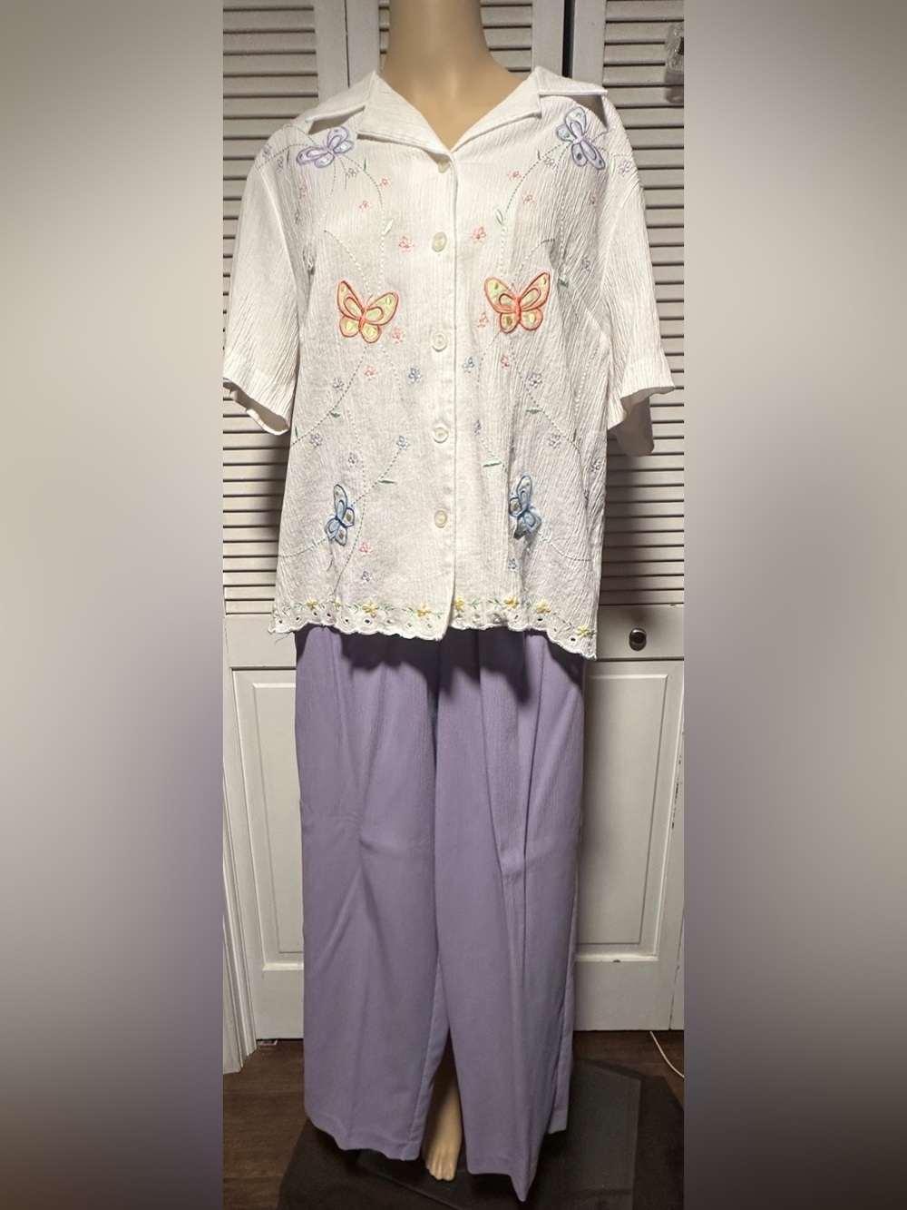 Alfred Dunner Seersucker Outfit Butterflies Short Sleeve Blouse Pants 16W